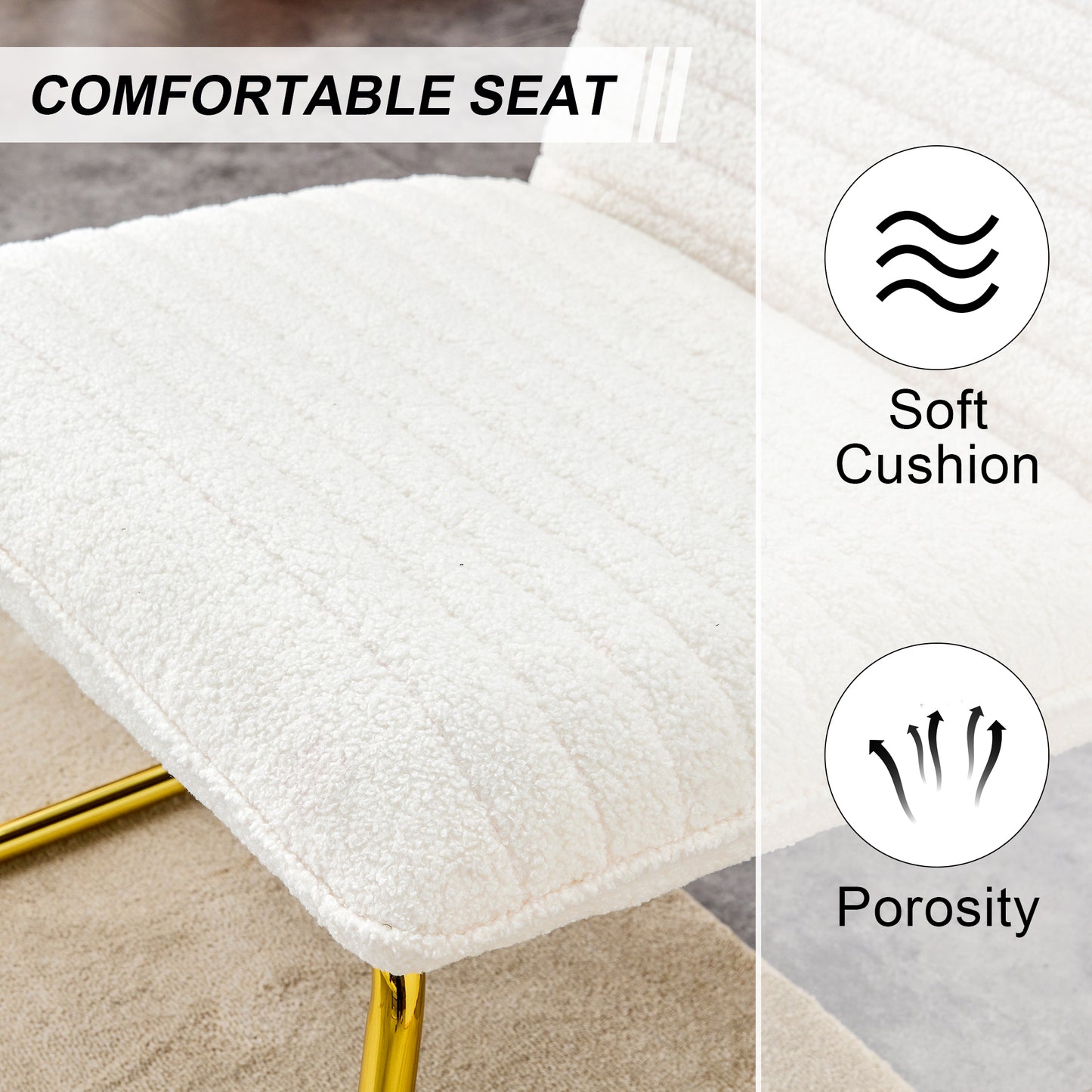 One White minimalist armless sofa chair with plush cushion and backrest paired with golden metal legs, suitable for offices, restaurants, kitchens, bedrooms