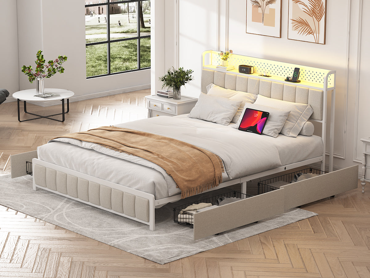 Queen Size Platform Bed with 4 Drawers, Metal Bed Frame with LED Lights and Charging Station, No Box Spring Needed, (Beige),  Noise Free,Easy Assemble.