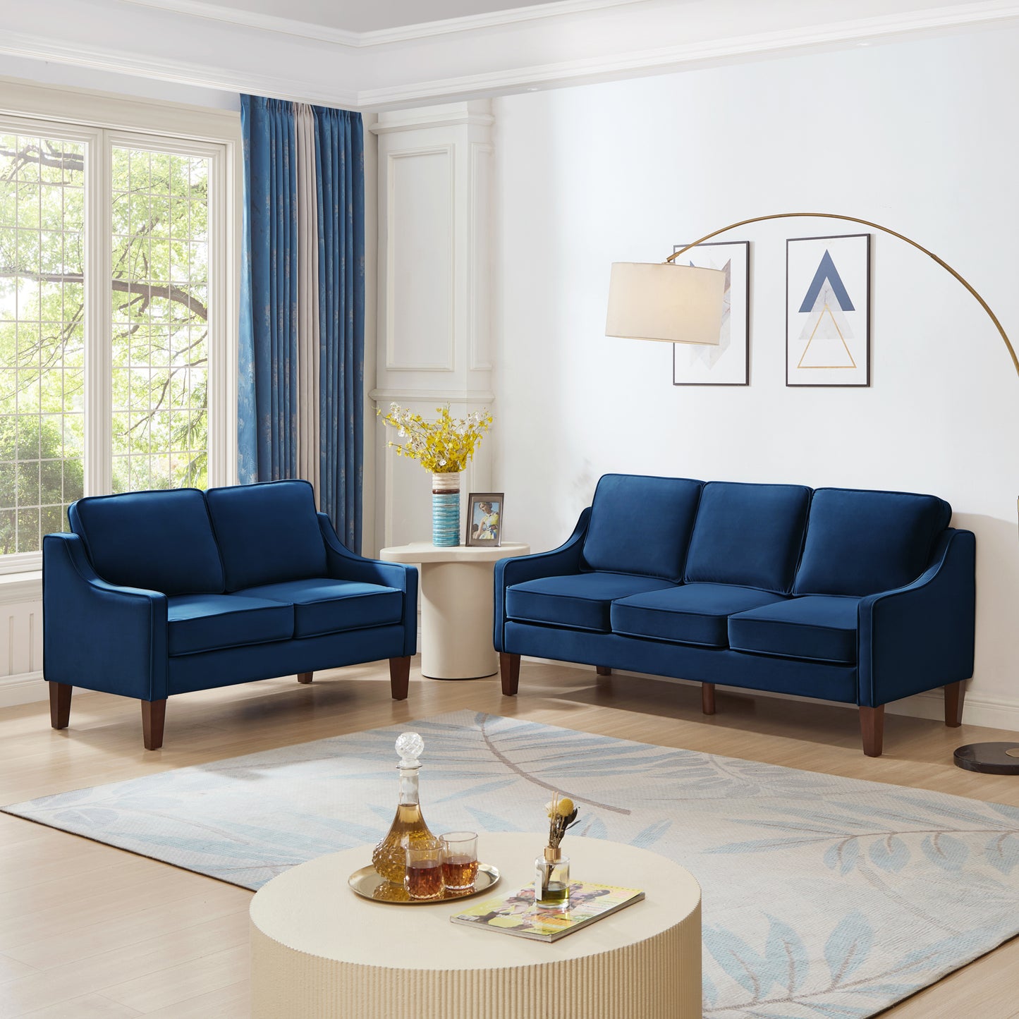 Modern 3 Person seat  Sofa Couch with Scooped Armrest/Wood legs,Upholstered Velvet 3-seat Sofa with Removable Cushions for Livingrooom Bedroom,Navy