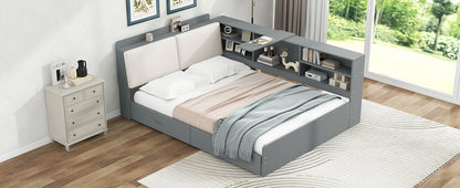 Wood Full Size platform bed with Storage Headboard, Shelves and 2 Drawers, Gray