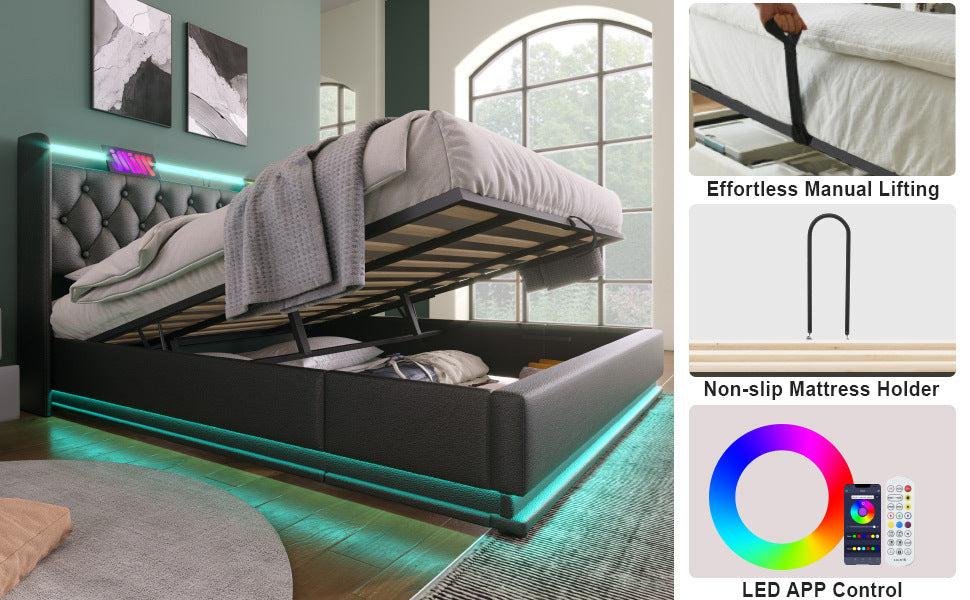 King size Upholstered bed, 360 surround LED function, Buttons/Apps/Remote Control, hydraulic storage bed with USB Type-C charging, Black, PU (Without mattress)
