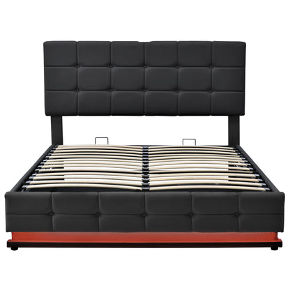 Tufted Upholstered Platform Bed with Hydraulic Storage System,Queen Size PU Storage Bed with LED Lights and USB charger, Black