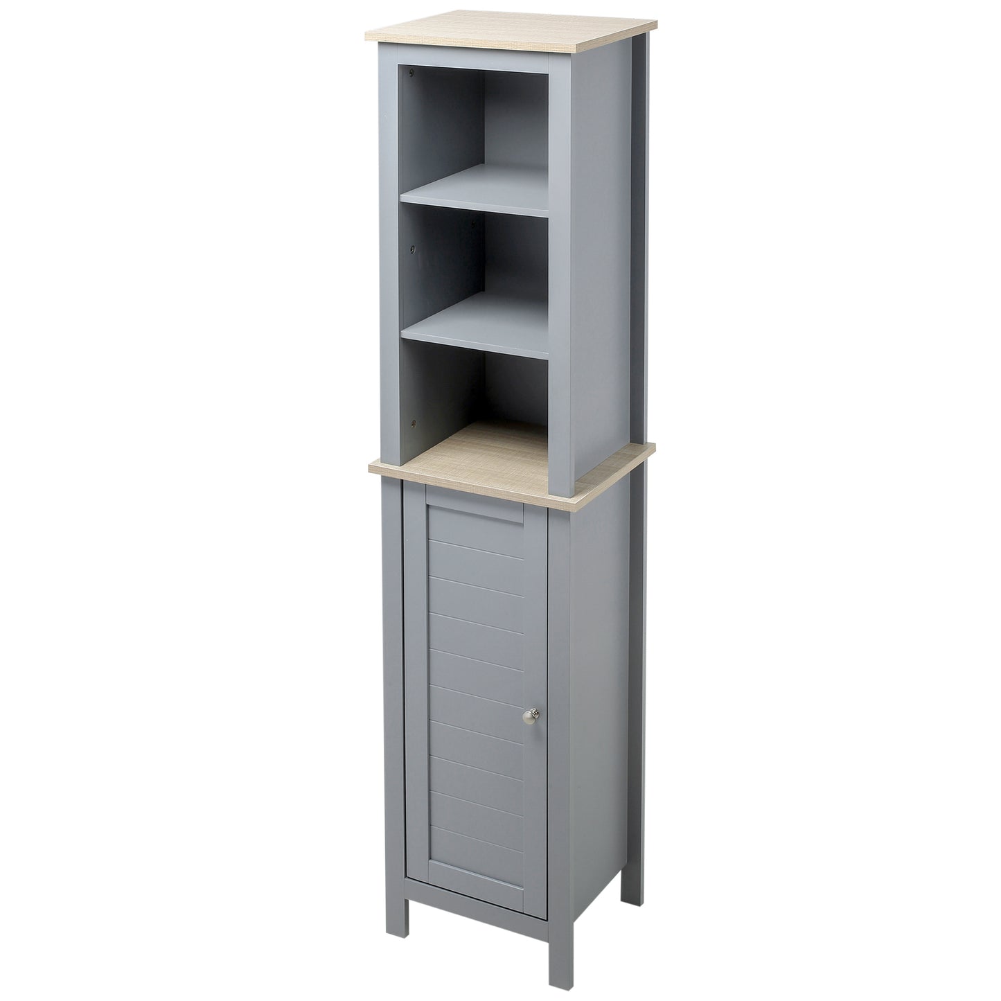 kleankin Tall Bathroom Storage Cabinet with 3 Tier Shelf, Door, Free Standing Linen Tower, Slim Side Organizer, Grey