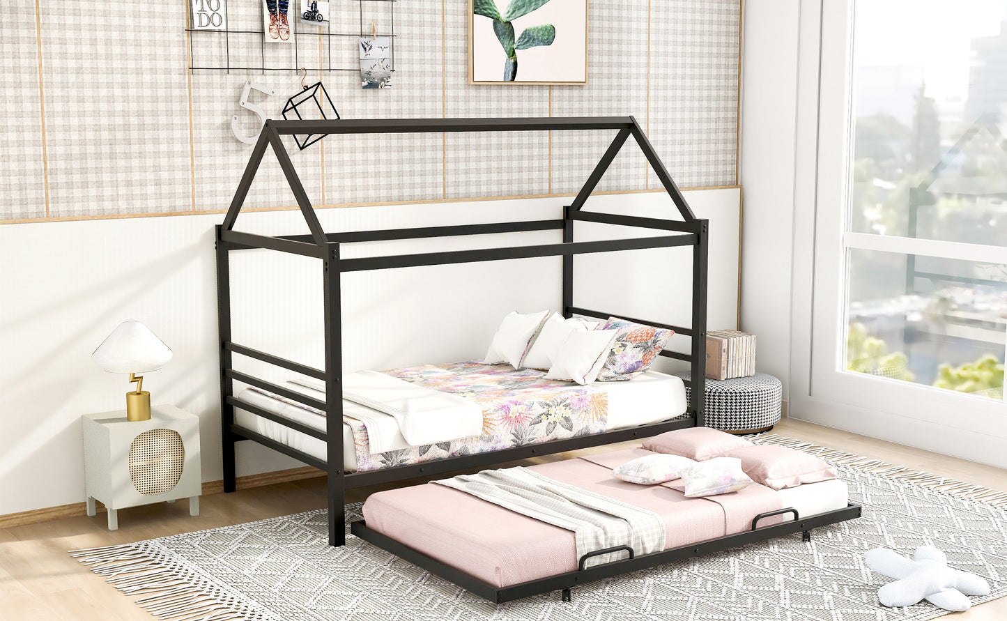 Twin Size Metal House Shape Platform Bed with Trundle,Black