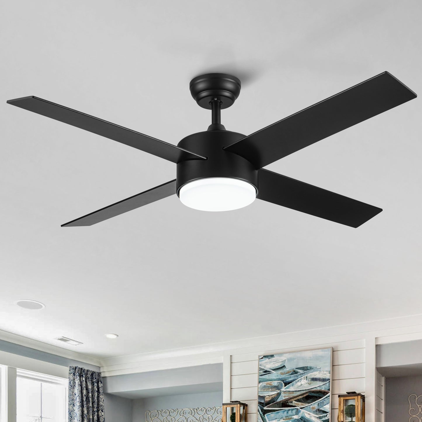 52" Integrated LED Light Matte Black Blade Ceiling Fan with Remote Control with 4 blades