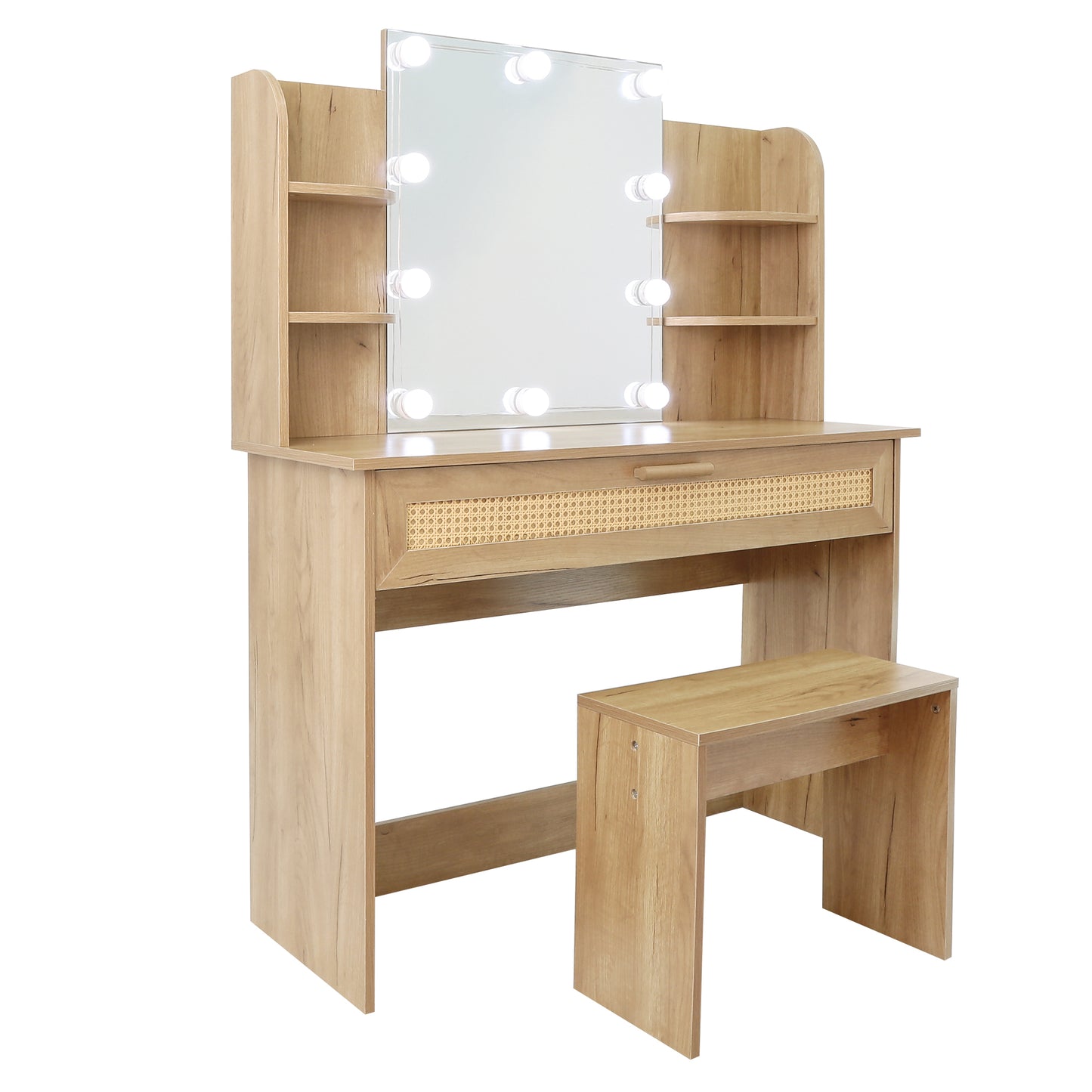 Vanity Desk Set Stool & Dressing Table with LED Lighting Mirror Drawer and Compartments Modern Wood Cosmetic Table Chest of Drawers Nature Color