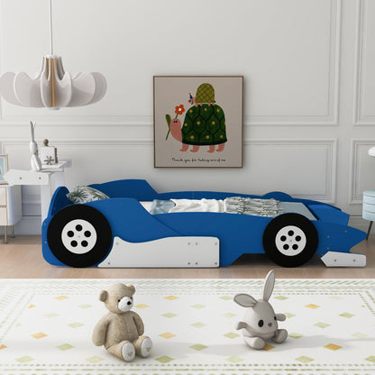 Twin Size Race Car-Shaped Platform Bed with Wheels,Blue