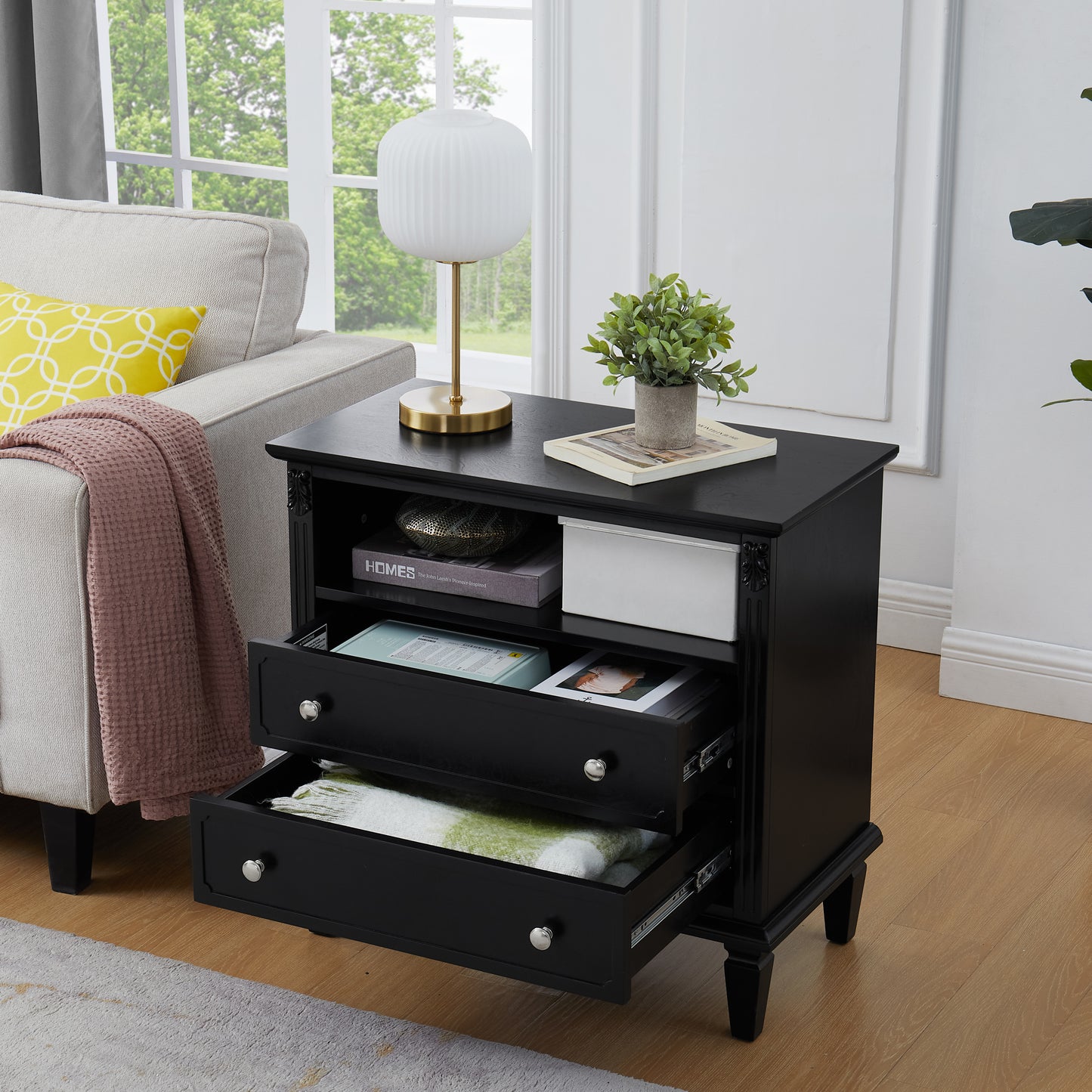 Open Space and 2 Drawers Dresser Nightstand with Charging Station, Farmhouse End Table with USB Ports and Outlets, Fluted Pilasters Design Side Table with Solid Wood Legs for Bedroom