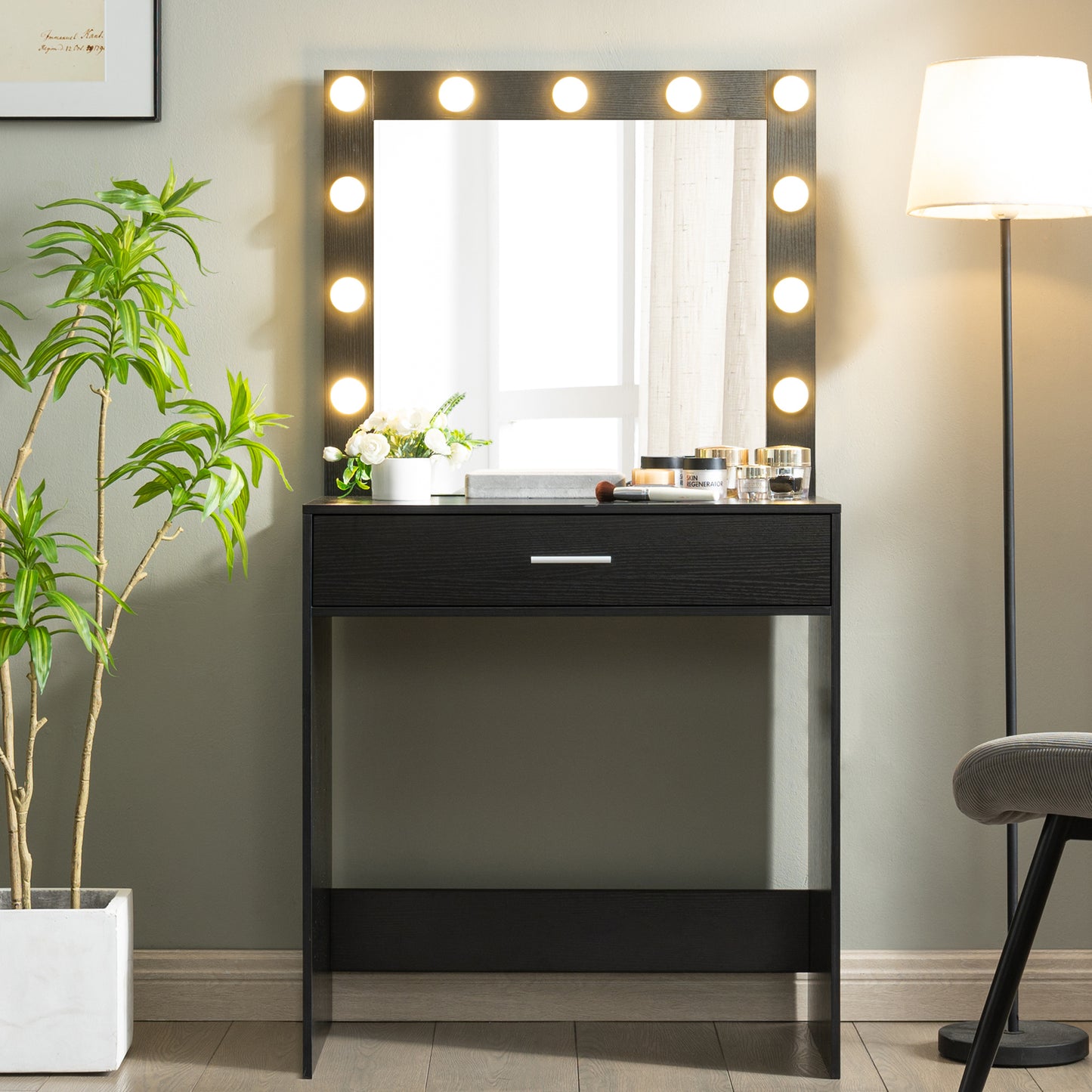 Vanity Desk with Mirror and Lights, Dressing Table with Large Drawer, 1 Level Storage Dresser & 3 Lighting Modes Adjustable Brightness, Suitable for Bedroom(Black)