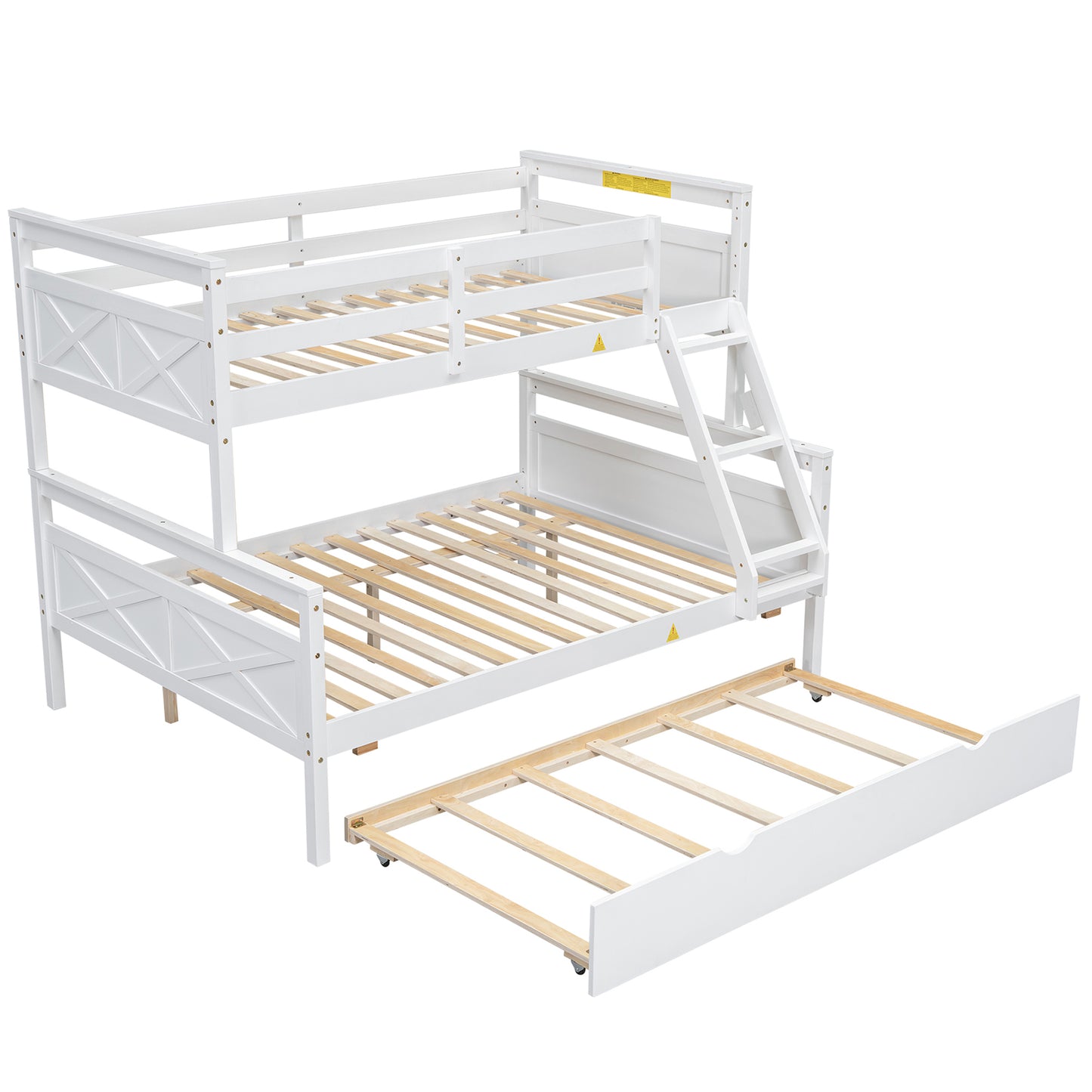 White Twin over Full Bunk Bed with Ladder, Twin Trundle, Safety Guardrail, Pine Wood and MDF, 79.3''L x 57.1''W x 61.3''H