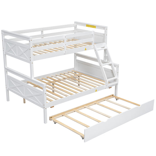 White Twin over Full Bunk Bed with Ladder, Twin Trundle, Safety Guardrail, Pine Wood and MDF, 79.3''L x 57.1''W x 61.3''H