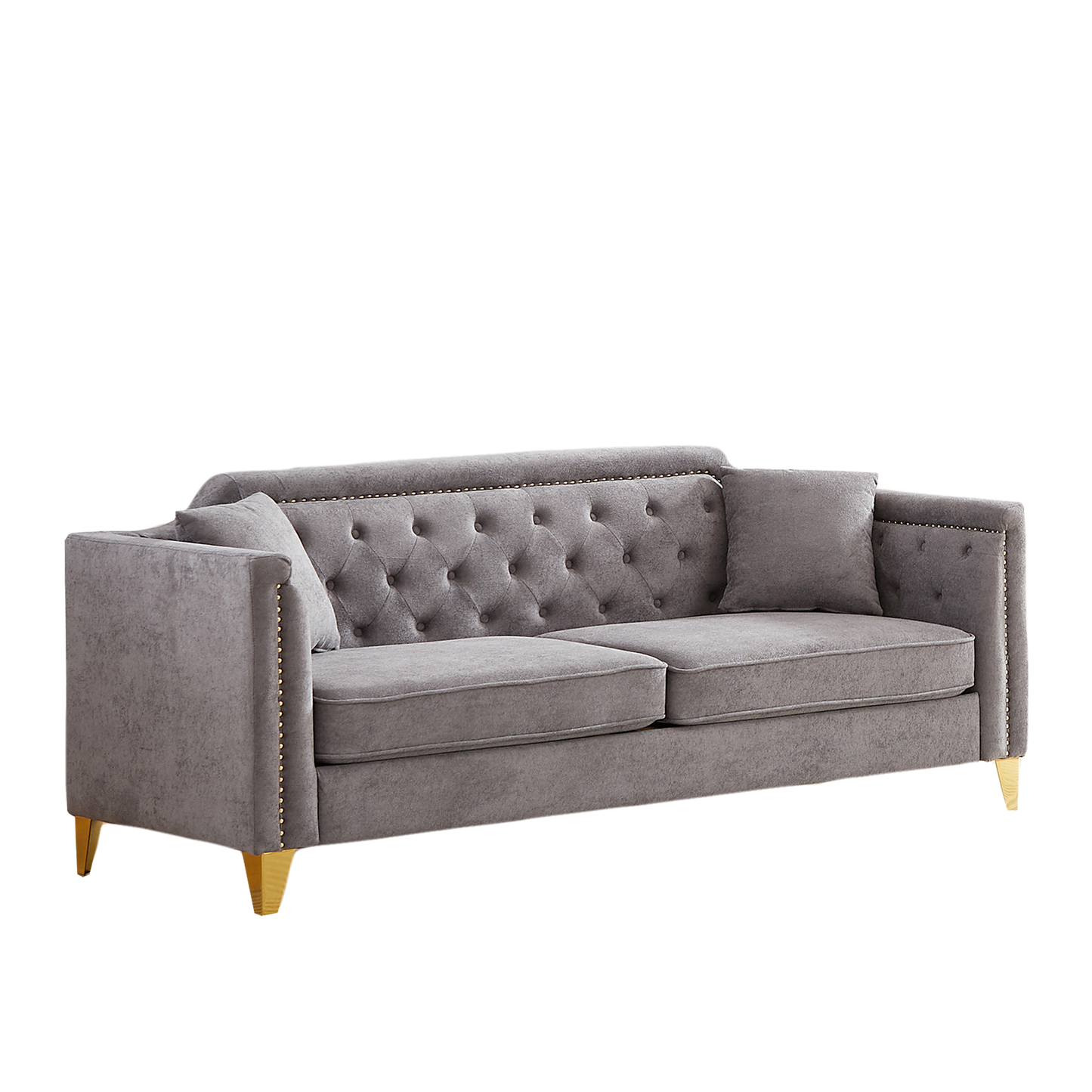 FX 81"Mid-century design modern sofa,Chenille Pull Buckle Design Sofa for Living Room,Buttons Tufted With Copper Nail Decoration Armrest, with 2 Pillows,Modern Couch Upholstered Button And Metal Leg