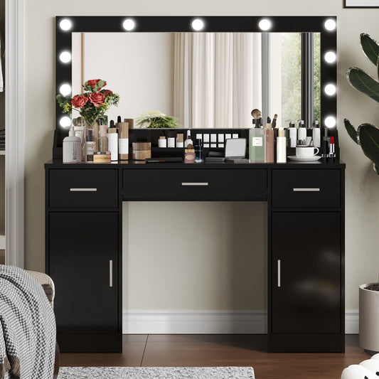 47.2"Vanity Desk with Large Mirror, 3 Colour Lighting Modes, Adjustable Brightness, Dresser with 3 Drawers & 2 Vertical Cabinets, Makeup Vanity Table for Women &  Girls (Black)