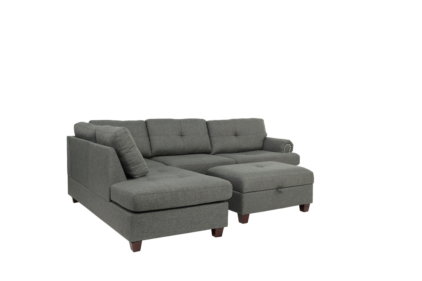 3-pcs Sectional Sofa Blue Grey Polyfiber Cushion Sofa Chaise Ottoman Reversible Couch Pillows