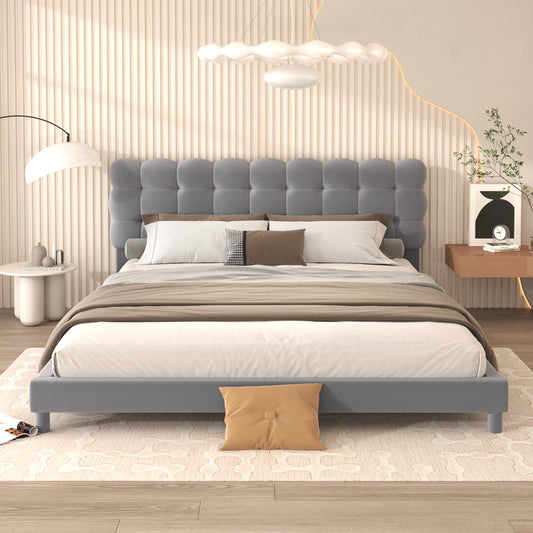 Queen Size Upholstered Platform Bed with Soft Headboard,Gray