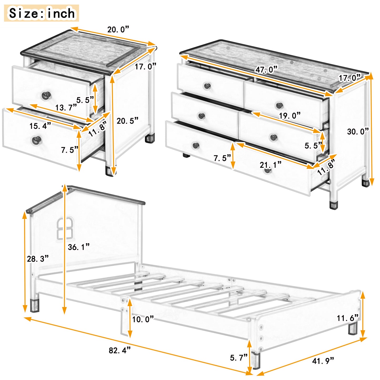 3-Pieces Bedroom Sets Twin Size Platform Bed with Nightstand and Storage dresser,Cream+Walnut