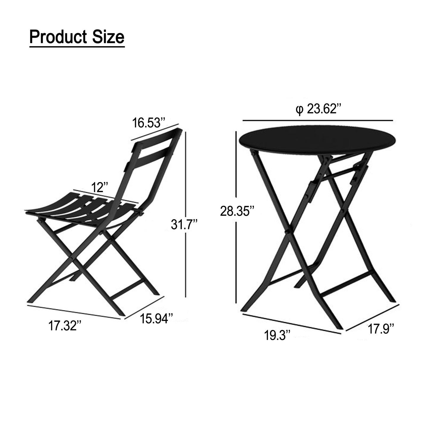 3 Piece Patio Bistro Set of Foldable Round Table and Chairs, Red