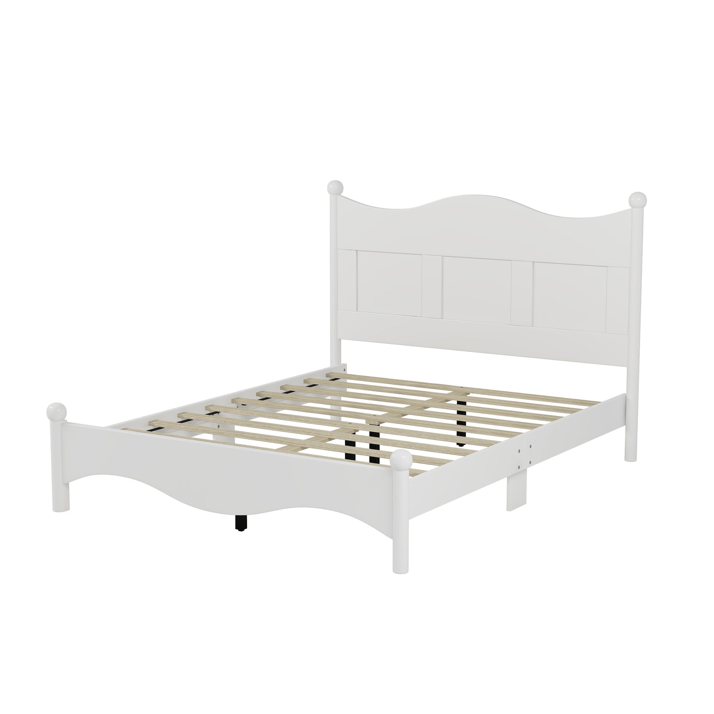 Queen Size Elegant Design Wood Platform Bed Frame,Retro Style Platform Bed with Wooden Slat Support,White