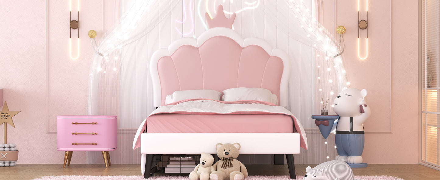 Twin Size Upholstered Princess Bed With Crown Headboard and 2 Drawers,Twin  Size Platform Bed with Headboard and Footboard, Pink+White