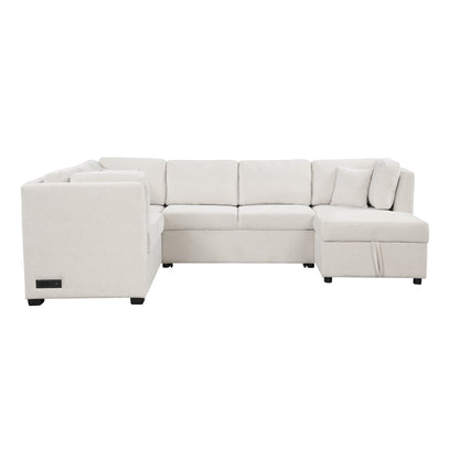 108.6" U-shaped Sectional Sofa Pull out Sofa Bed with Two USB Ports, Two Power Sockets, Three Back Pillows and a Storage Chaise for Living Room, Beige