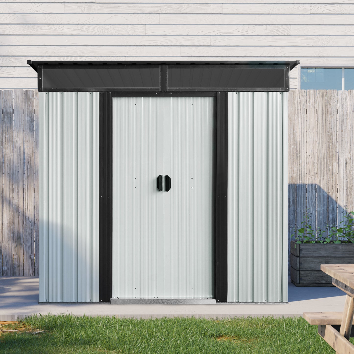 6ft x 5ft Outdoor Metal Storage Shed with Lockable Sliding Doors and Transparent plate for Garden, Lawn ( White and Black  )