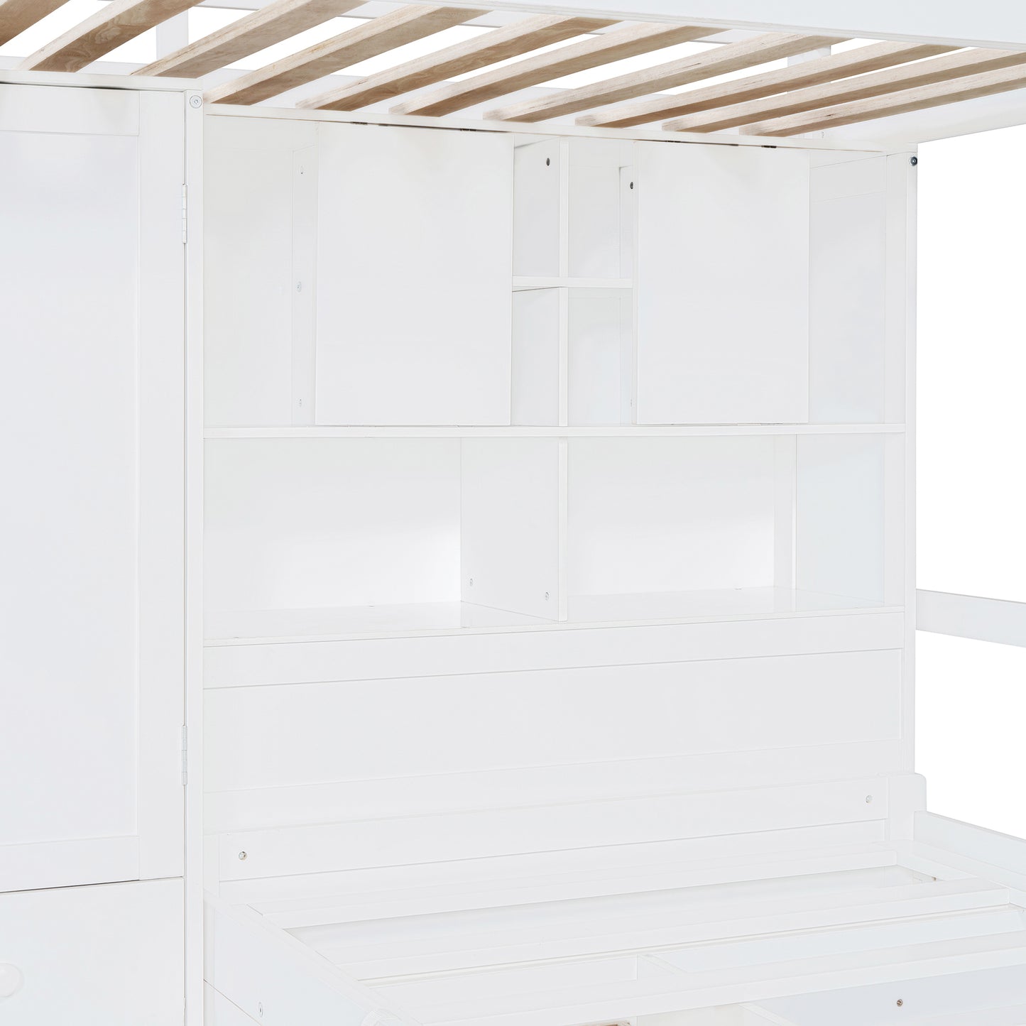 Twin Bunk Bed with Drawers, Wardrobe, Storage Shelves and Hydraulic Bed,White