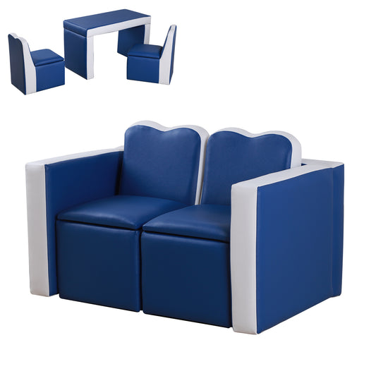 Kids Sofa Set 2-in-1 Multi-Functional Toddler Table Chair Set 2 Seat Couch Storage Box Soft Sturdy Blue