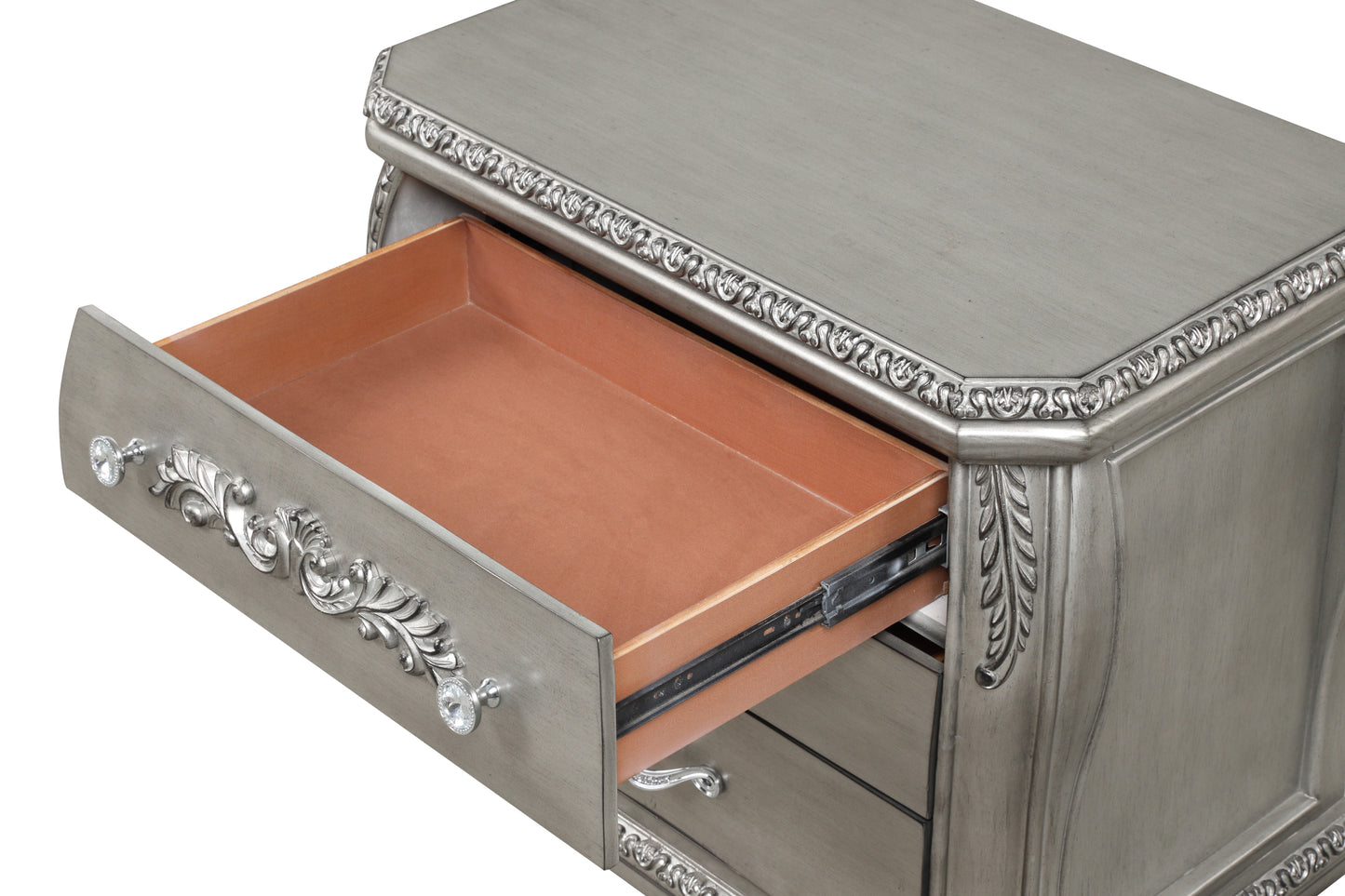 Destiny Traditional Style 3-Drawer Night stand With metal drawer pulls Made with Wood in Silver