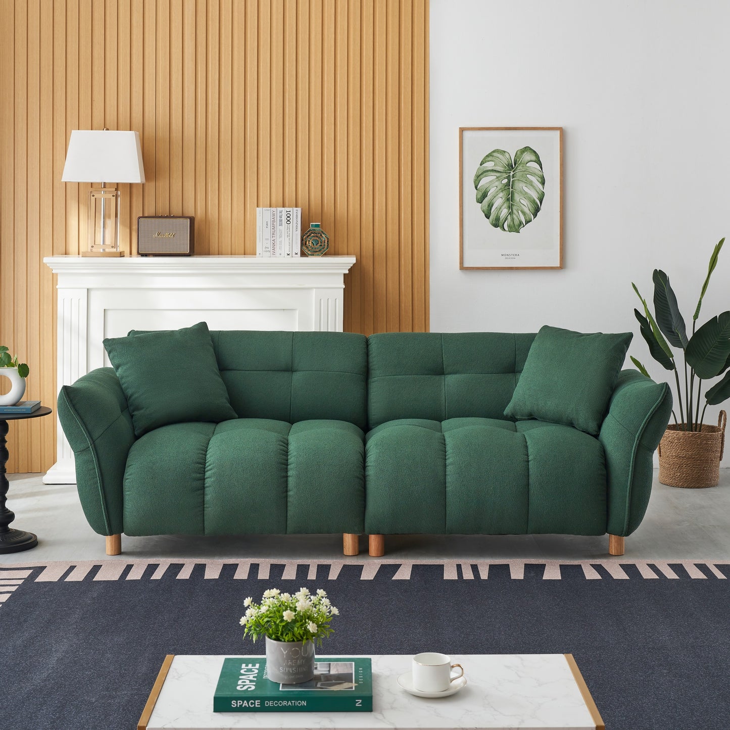 93.70 inches long, Teddy Sofa Fabric,with two matching pillows and three spacious and comfortable seats, for Apartment Office Living Room - Green