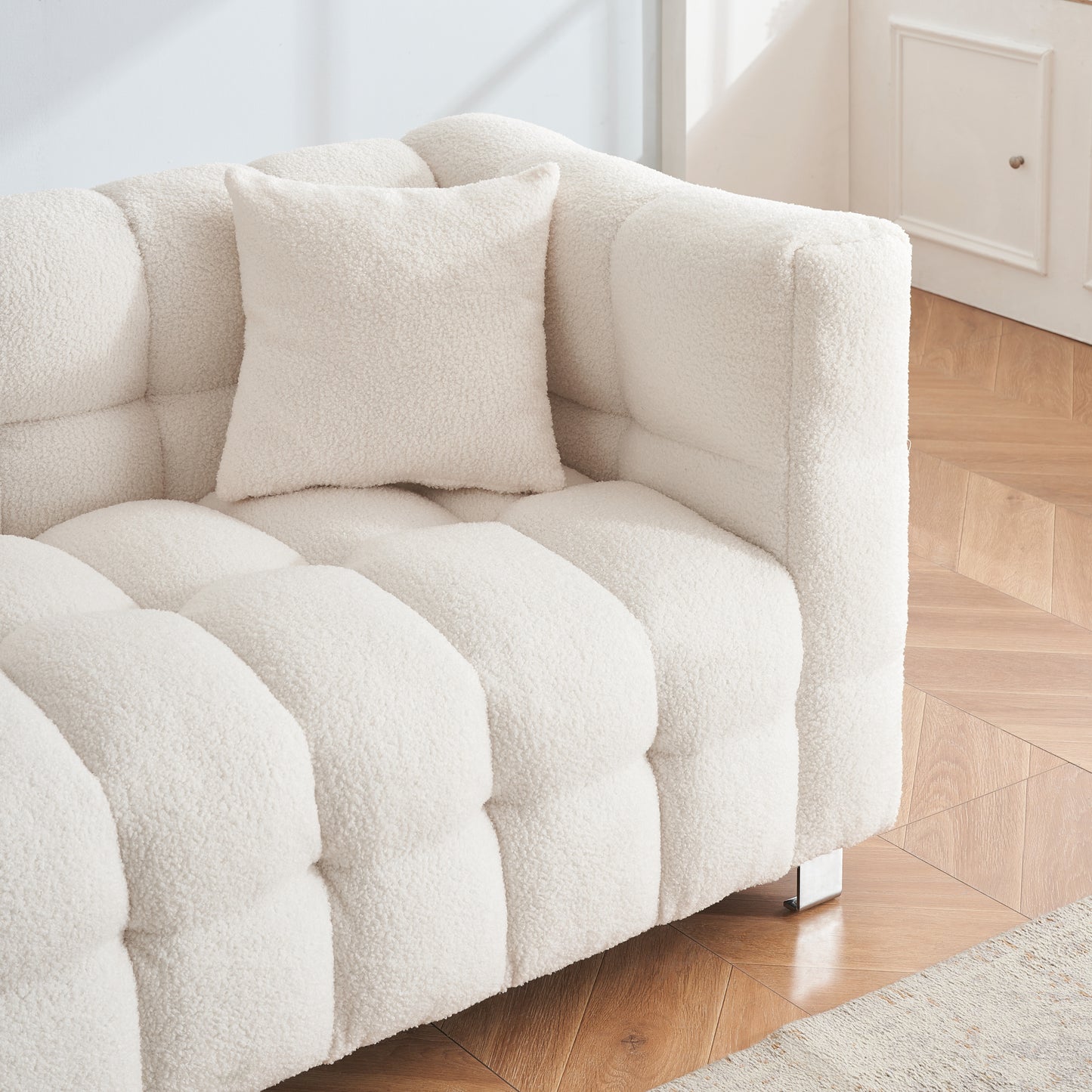 Sophisticated Comfort: Beige White Teddy Plush Sofa - 80 Inch, Perfect for Living Room or Bedroom, Includes Two Throw Pillows and Heavy-Duty Hardware Foot Support