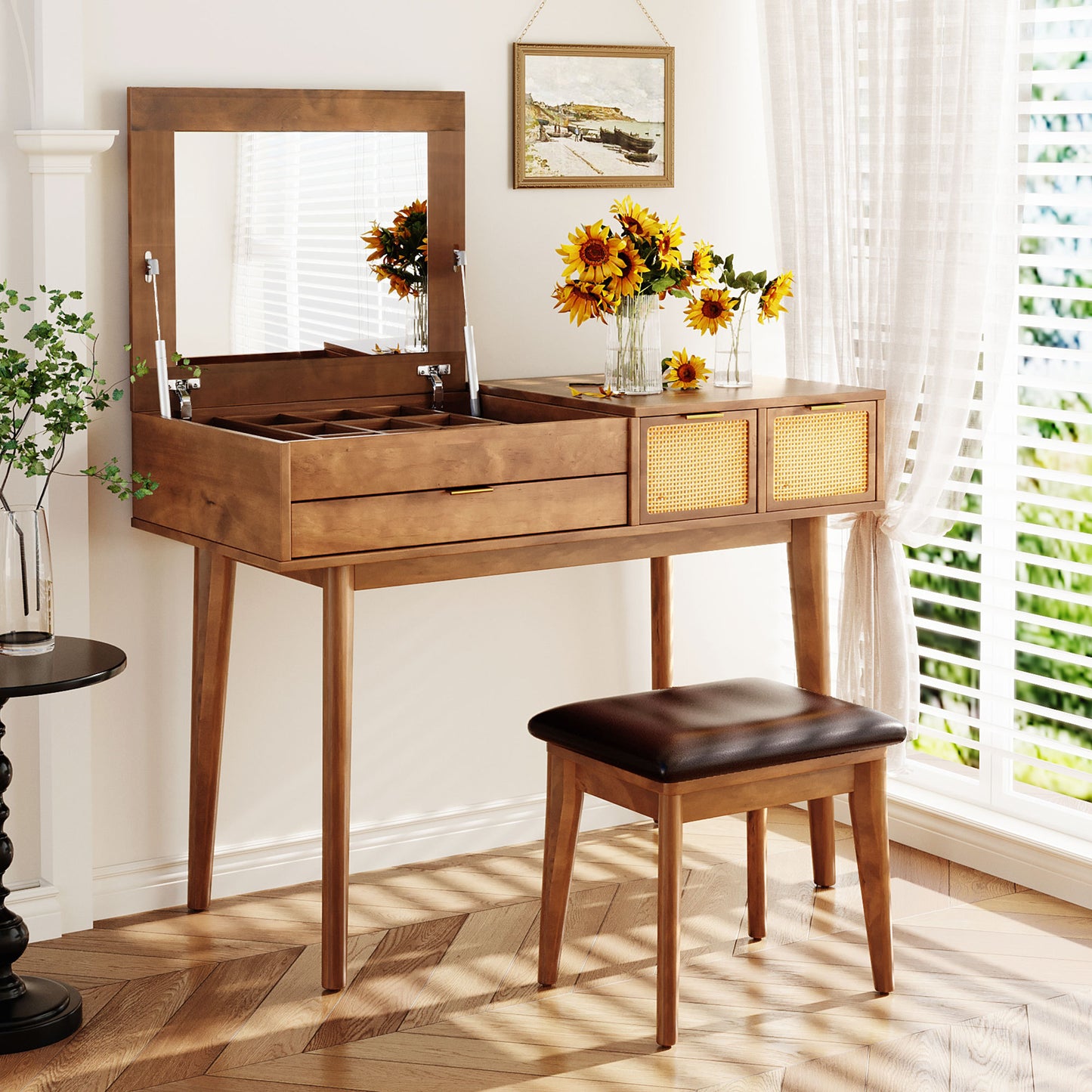 43.3" Classic Wood Makeup Vanity Set with Flip-top Mirror and Stool, Dressing Table with Three Drawers and storage space, Brown