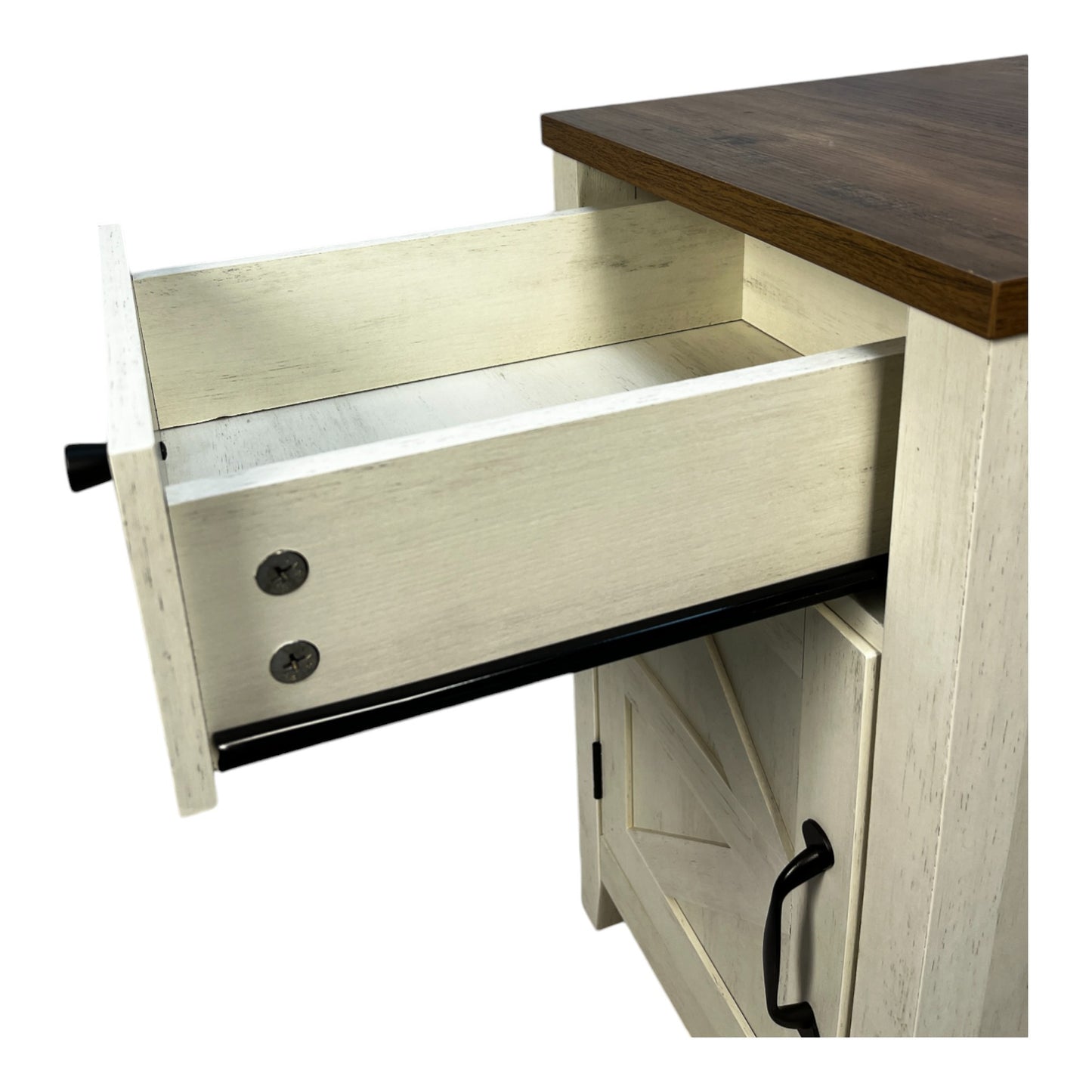 Farmhouse End Table with Charging Station,Night Stand with Barn Door and Drawer, Storage for Bedroom Living Room ,Bedside Table,  Bedside Table Brown+white color