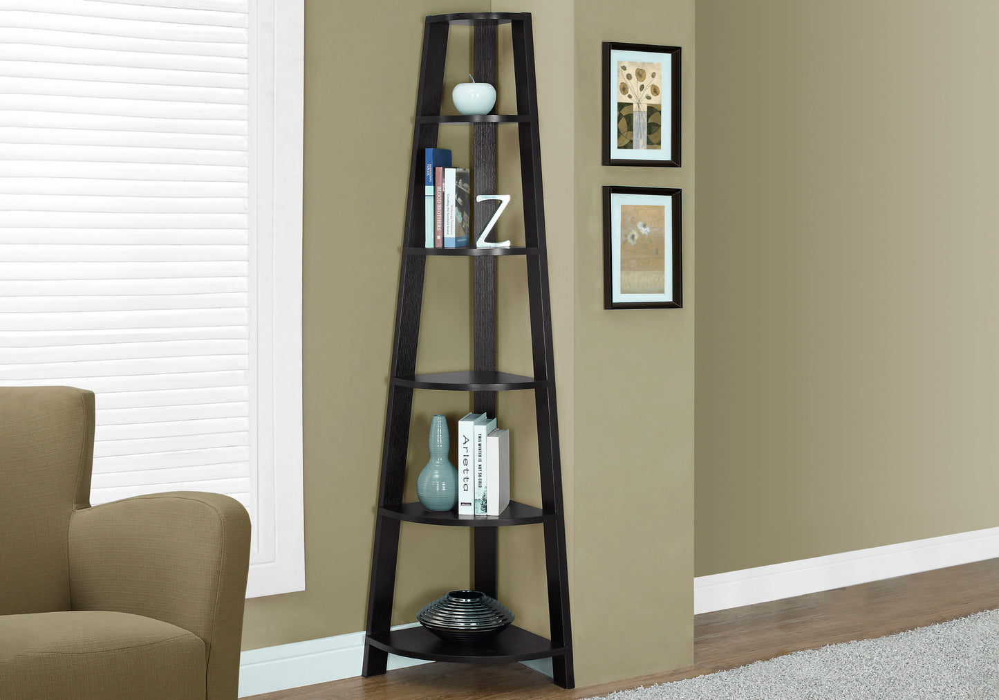 Bookshelf, Bookcase, Etagere, Corner, 5 Tier, 72"h, Office, Bedroom, Brown Laminate, Contemporary, Modern