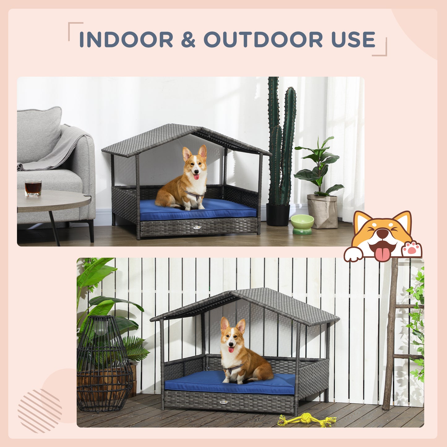 PawHut Wicker Dog House Outdoor with Canopy, Rattan Dog Bed with Water-resistant Cushion, for Small and Medium Dogs, Dark Blue