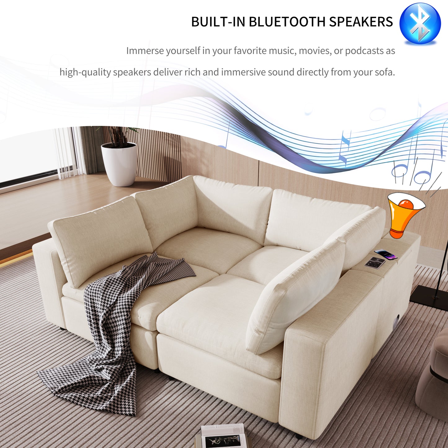 U-style Upholstered Modular Sofa with  with Storage Space, USB Charge Ports,Wireless Charging and Built-in Bluetooth Speaker in Arm,Sectional sofa for Living Room Apartment.[old sku:WY000317AAA]