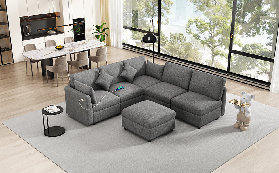 85.4" Sectional Sofa Modular Sofa U-shaped Sofa Couch Sofa Bed L-shaped Sofa with a Movable Ottoman and Two USB Ports for Living Room, Grey