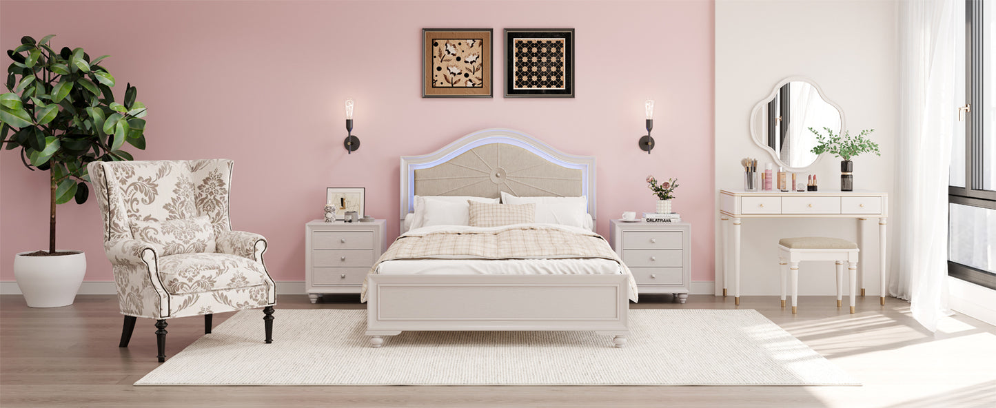 Modern Queen Size Wood Bed with Hidden LED Light Upholstered Curved Headboard, No Box Spring Needed, Cream Grey