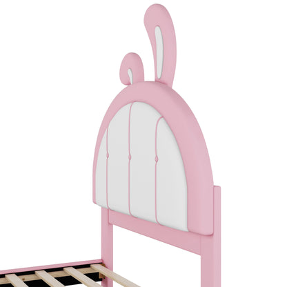 Twin Size Upholstered Platform Bed with Rabbit Shaped Headboard, Pink