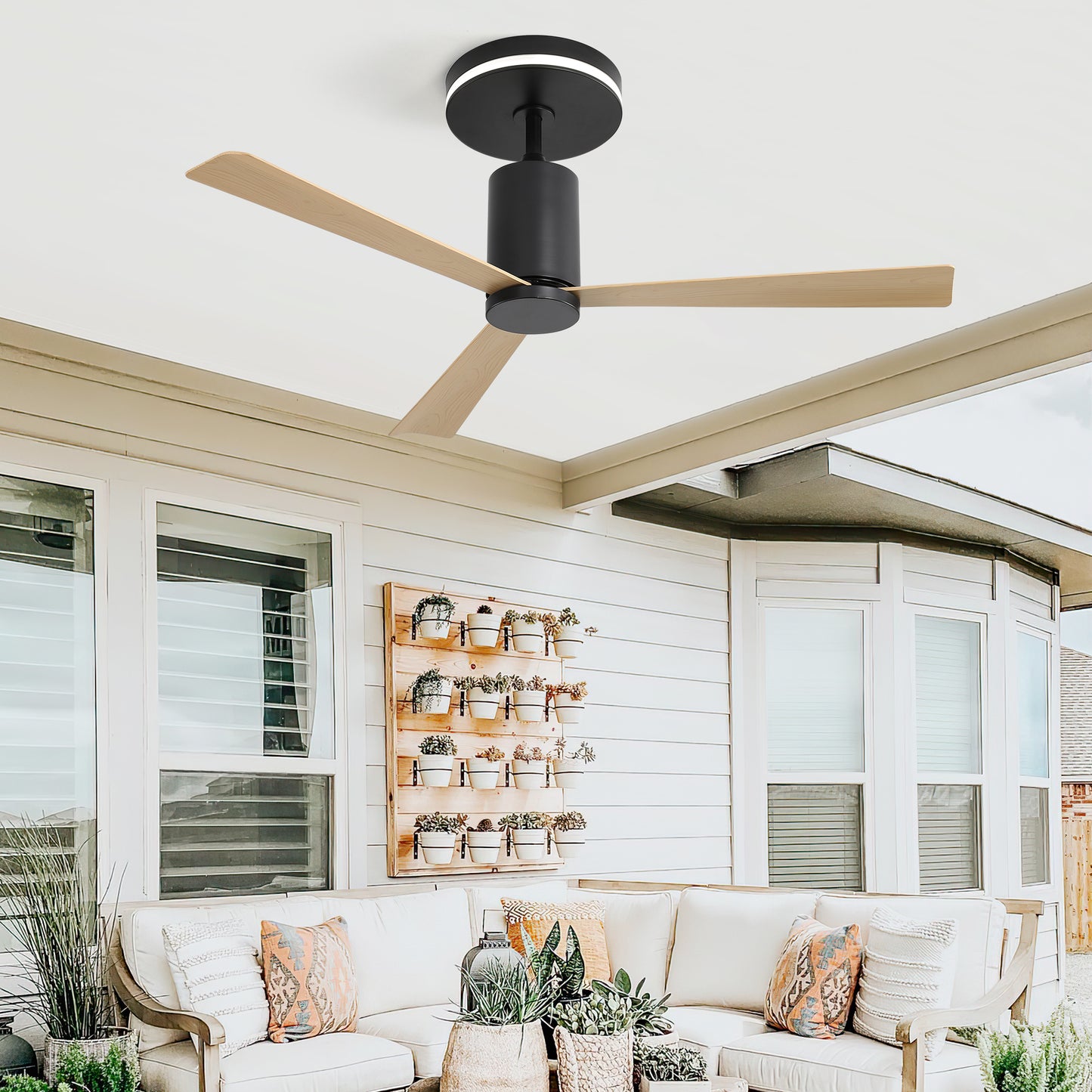 52 Inch Modern Flush Mount Ceiling Fan with led light and Remote Control, 3 ABS Blades Noiseless Reversible DC Motor for Patio Living Room