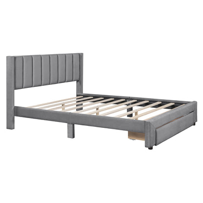 Queen Size Storage Bed Velvet Upholstered Platform Bed with a Big Drawer - Gray(old sku:WF296854AAE)