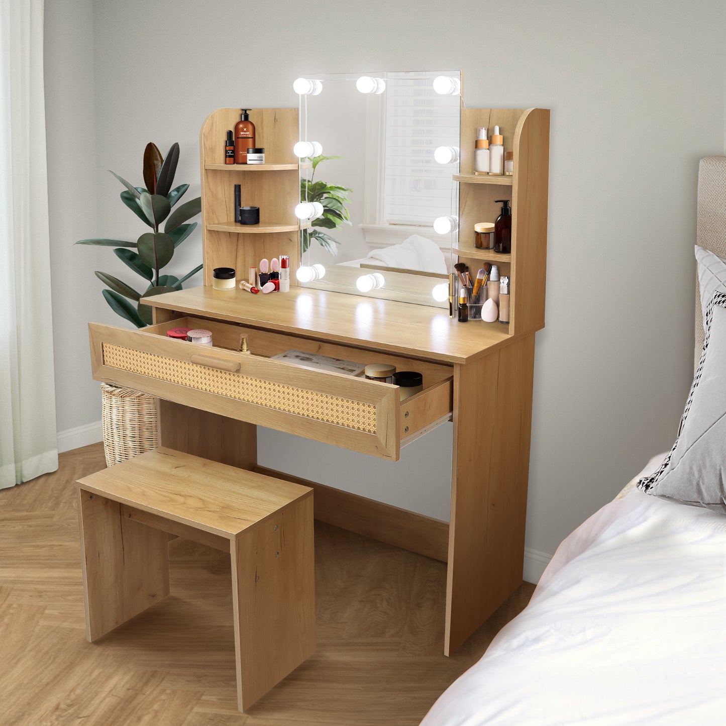 Vanity Desk Set Stool & Dressing Table with LED Lighting Mirror Drawer and Compartments Modern Wood Cosmetic Table Chest of Drawers Nature Color