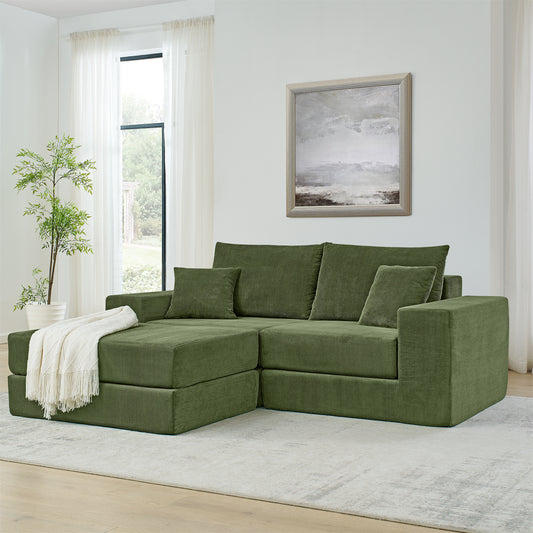 Modular Cloud Sectional Couch, Modern Upholstered L-Shaped Sofa with Removable Ottoman, Deep Seat Sleeper Couch with Throw Pillows for Living Room, Apartment, Small Space, Green