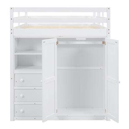 Wood Full Size Loft Bed with Built-in Wardrobe, Desk, Storage Shelves and Drawers, White