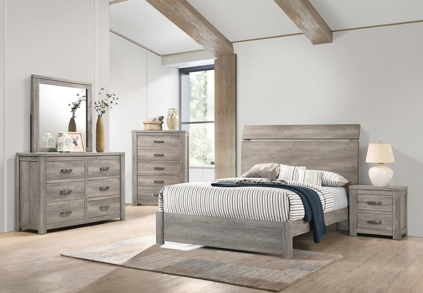 Wooden Bedroom 1pc Queen Size Bed Grey Color Bedframe Paper Laminate Furniture Simple Modern