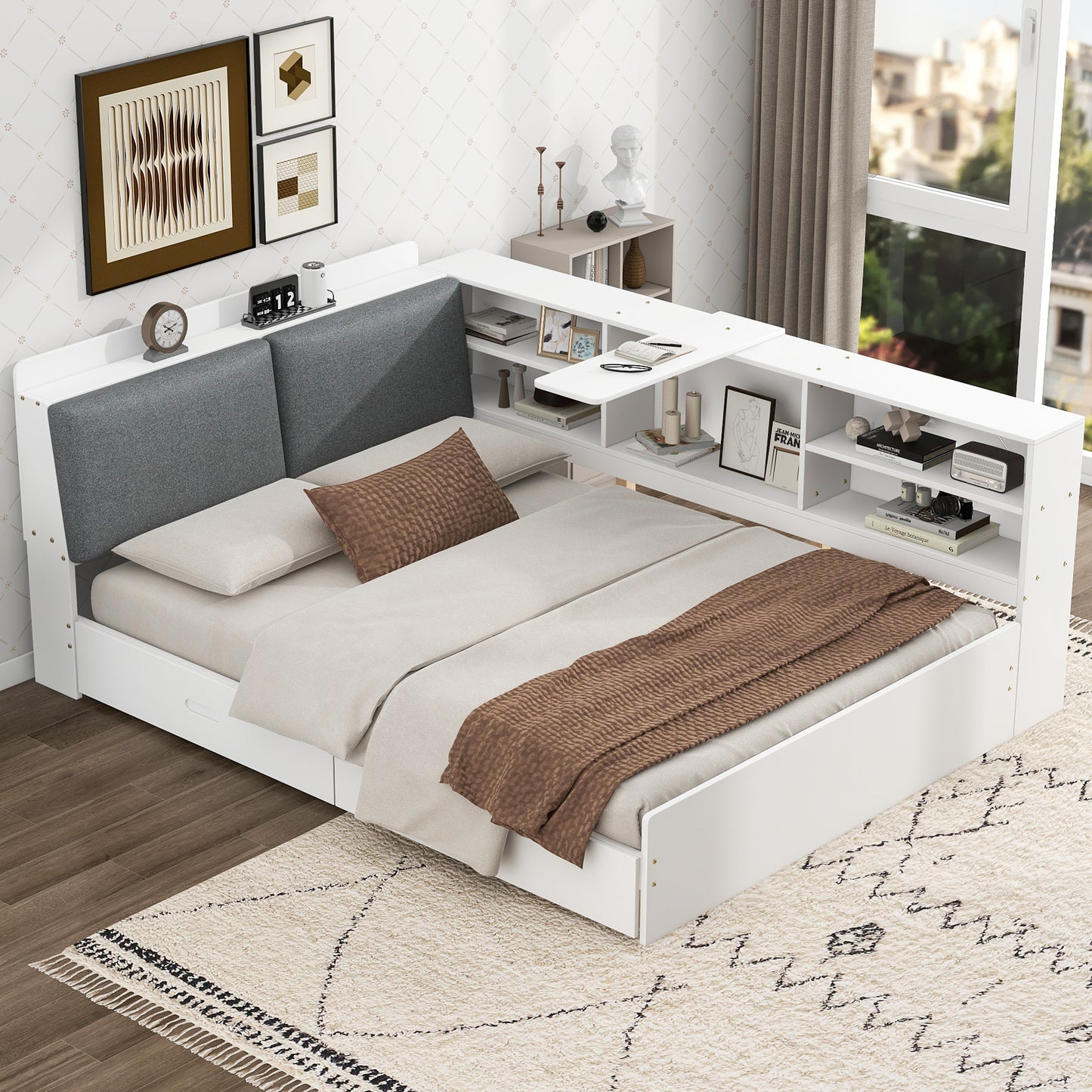 Wood Full Size platform bed with Storage Headboard, Shelves and 2 Drawers, White