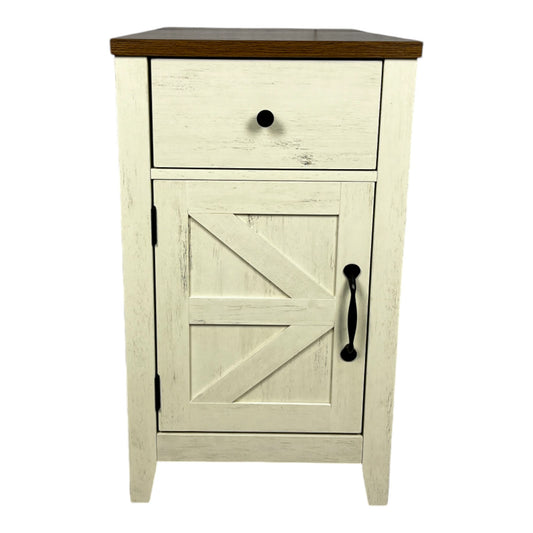 Farmhouse End Table with Charging Station,Night Stand with Barn Door and Drawer, Storage for Bedroom Living Room ,Bedside Table,  Bedside Table Brown+white color