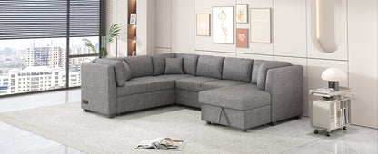 108.6" U-shaped Sectional Sofa Pull out Sofa Bed with Two USB Ports, Two Power Sockets, Three Back Pillows and a Storage Chaise for Living Room, Light Gray