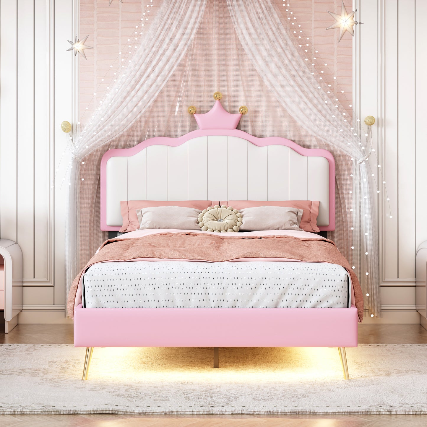 Twin size Upholstered Princess Bed With Crown Headboard,Twin Size Platform Bed with Headboard and Footboard with Light Strips,Golden Metal Legs, White+Pink