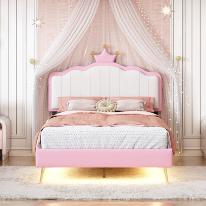 Twin size Upholstered Princess Bed With Crown Headboard,Twin Size Platform Bed with Headboard and Footboard with Light Strips,Golden Metal Legs, White+Pink