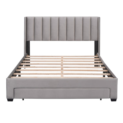 Queen Size Storage Bed Velvet Upholstered Platform Bed with a Big Drawer - Gray